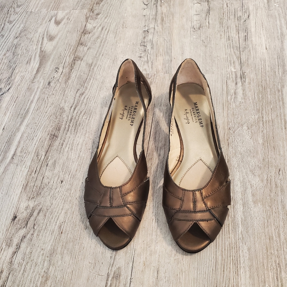 Mark Lemp Classics flats sandals peep toe metallic pewter shoes size 9.5 leather
